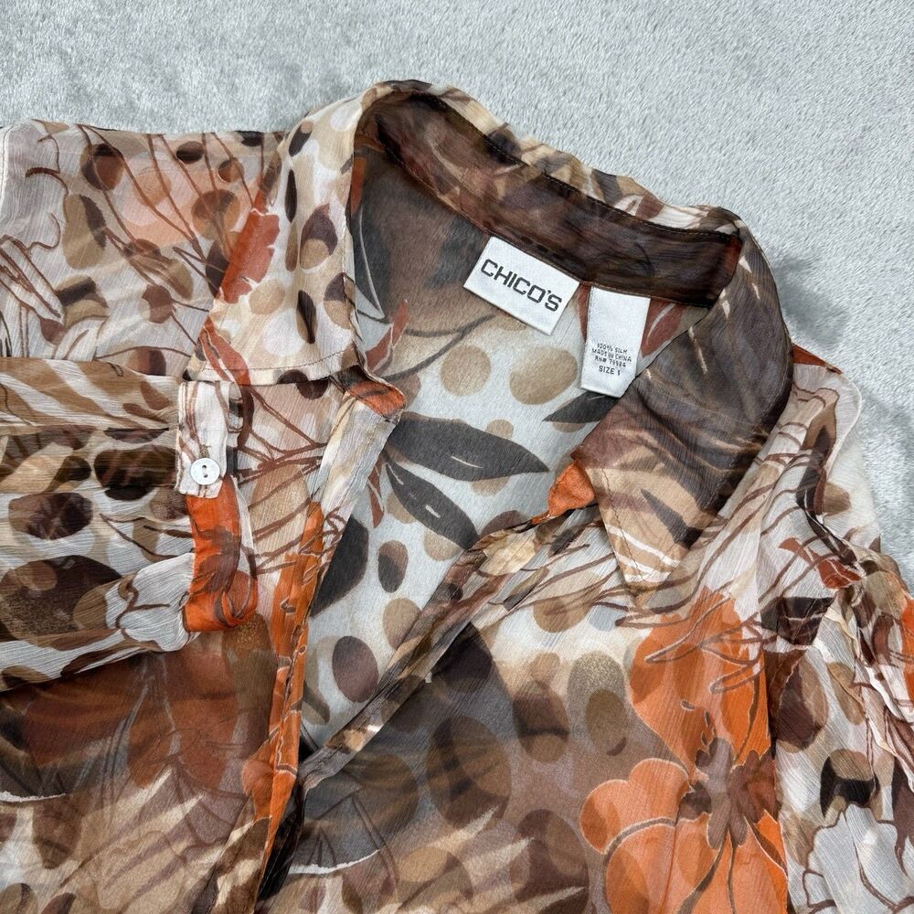 Chicos Shirt Women’s Medium Brown Silk Floral Collared Long Sleeve